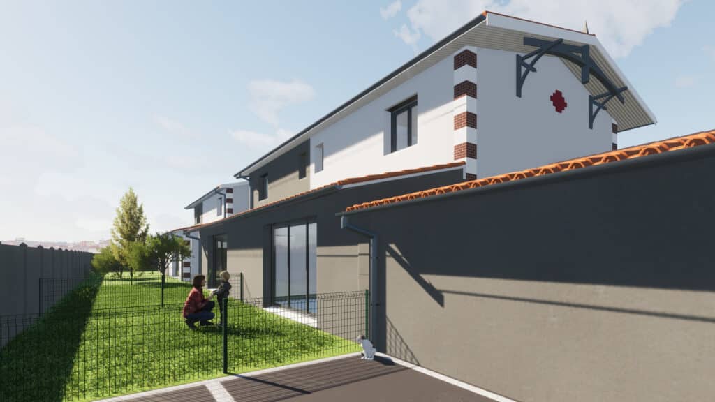 Croix rouge sur la façade : Design et architecture résidentielle. Architecture résidentielle blanche et grise, pignon avec croix rouge et briques. Mère et enfant dans le jardin clôturé, chat au premier plan.