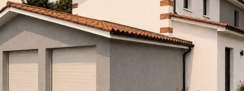 Maison moderne blanche avec garage double gris et toiture en tuiles rouges.