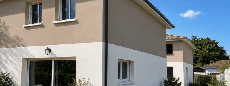 Maison contemporaine bicolore avec terrasse en bois, mobilier de jardin et pelouse sous un ciel bleu.