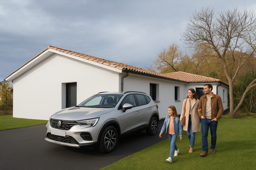 Famille heureuse marchant près d'un SUV argenté devant une maison moderne blanche avec jardin.