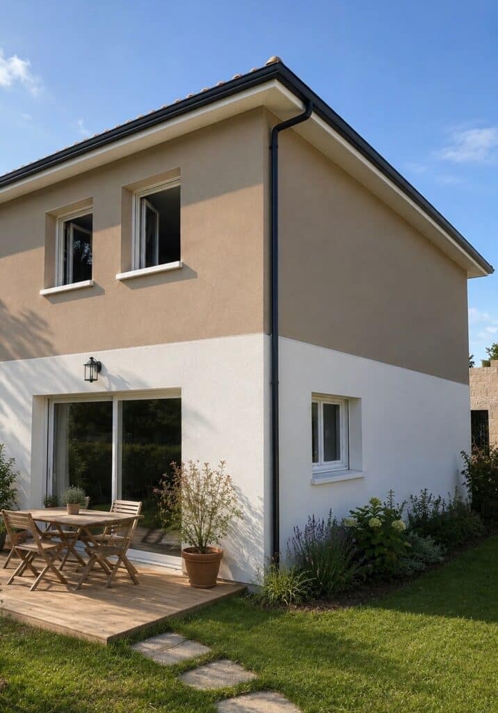 Maison moderne bicolore avec terrasse en bois, salon de jardin et massif fleuri sous un ciel dégagé.