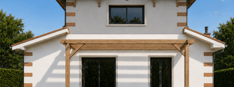 Façade de maison blanche avec pergola en bois, toit en tuiles terre cuite et jardin verdoyant sous un ciel bleu.